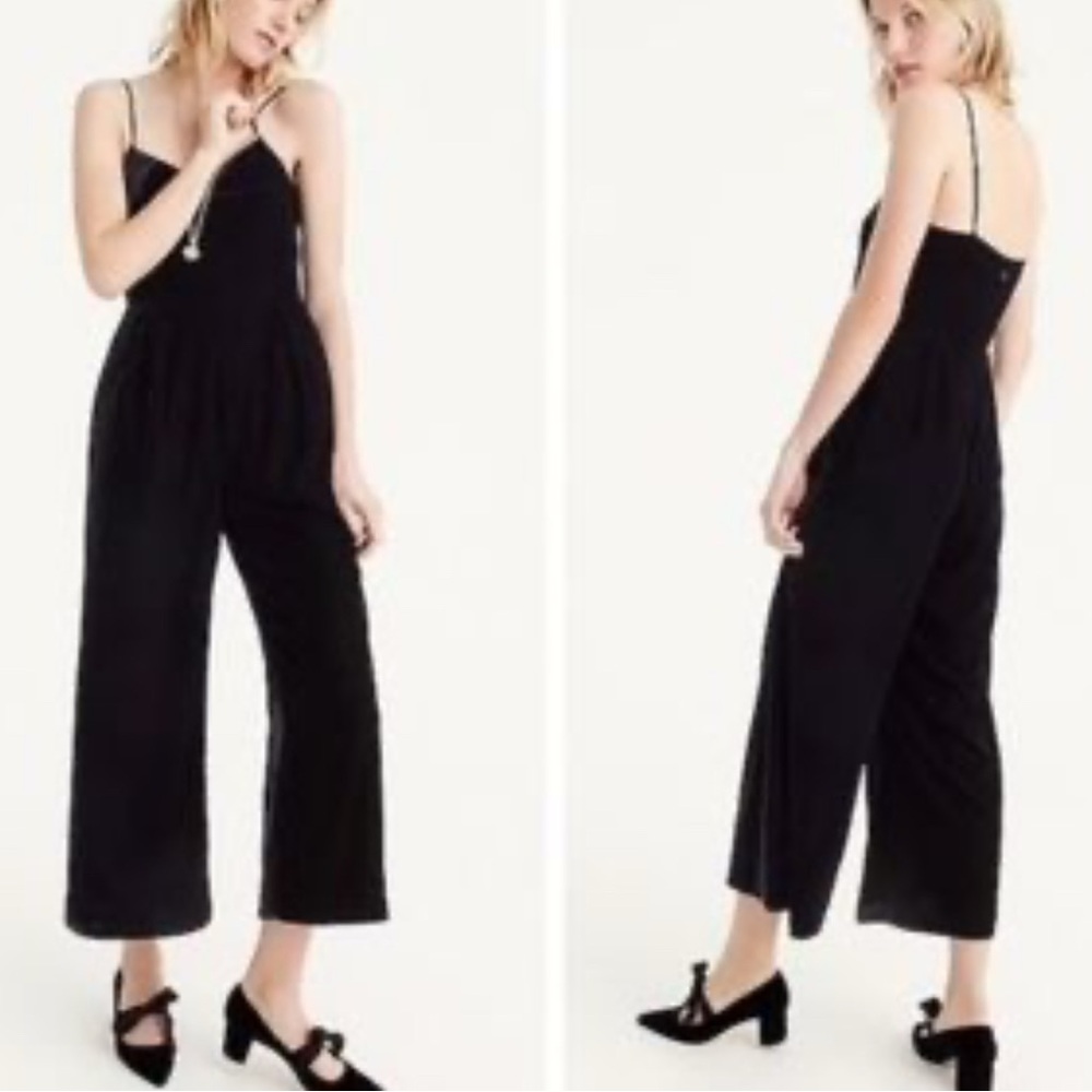 J. CREW Size 4P Black Soft Velvet Spaghetti Strap Wide Leg Elegant Jumpsuit